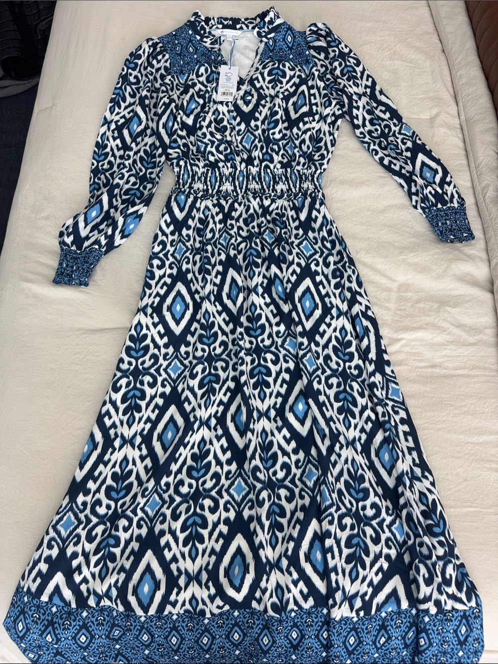 Southern Tide Patterned Smocked-Waist Long Sleeve Dress XS NWT